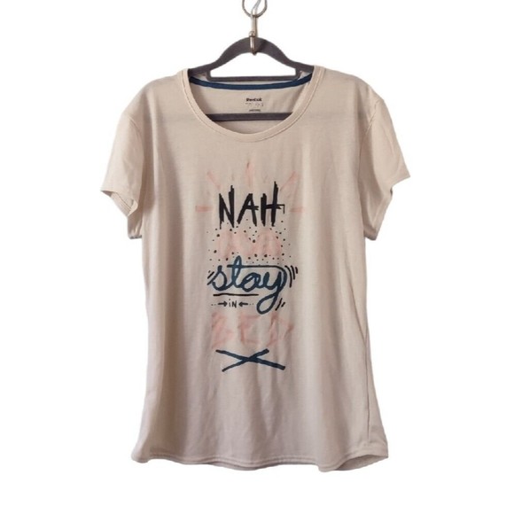 Reebok T-Shirt Top Womens Large Tan Short Sleeve Nah Ma Stay In Bed Casual - Picture 1 of 5